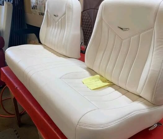 Classic buttercream with burgundy stitching bucket back bench seat