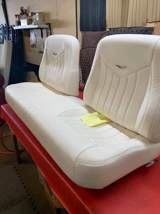 Classic buttercream with burgundy stitching bucket back bench seat