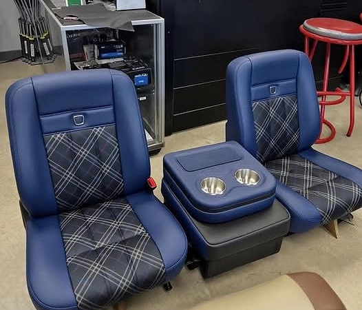 Custom Navy Blue Plaid Seats for 1988–1998 Chevy C10 OBS